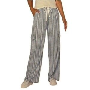 Roxy Striped Linen Blend Cargo Pocket Pants Blue Stripe XL NWT
